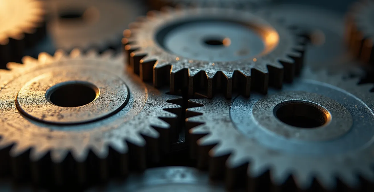 Circular representation of a continuous 90-day employee training refresh process with interlocking gears