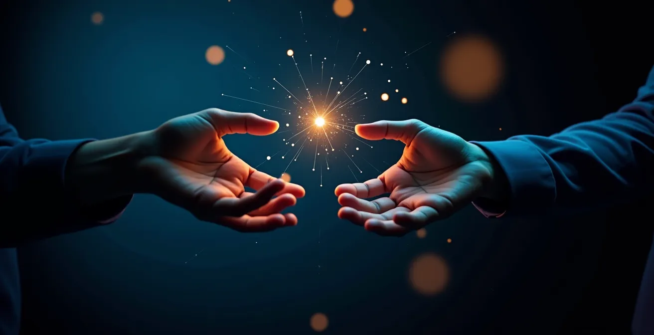 Close-up of hands interacting with abstract holographic data visualization representing AI assessment metrics