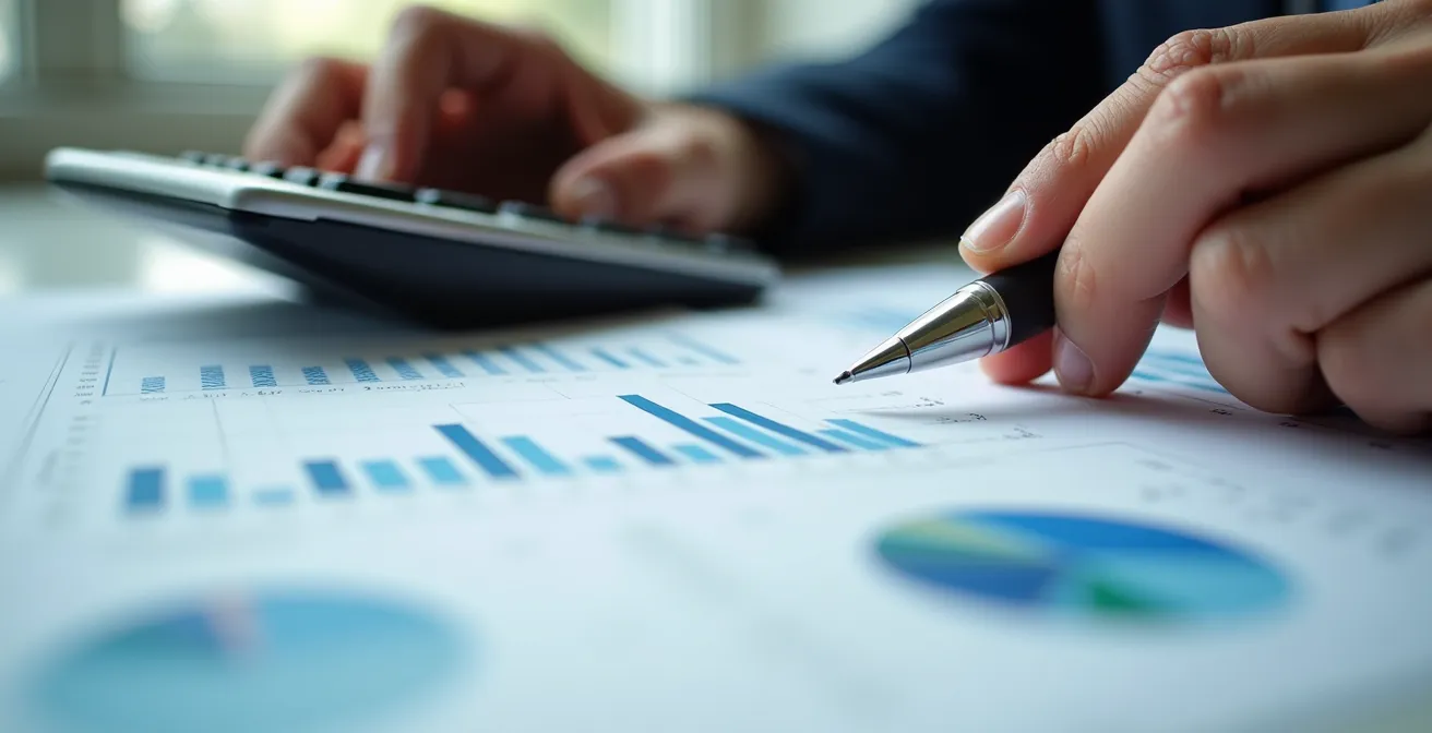 Professional analyzing financial data charts and graphs on desk
