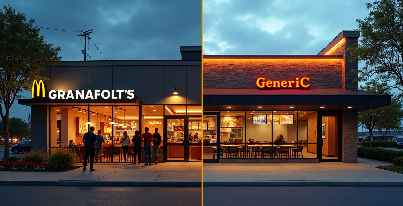 Split-screen comparison of branded franchise restaurant and generic establishment