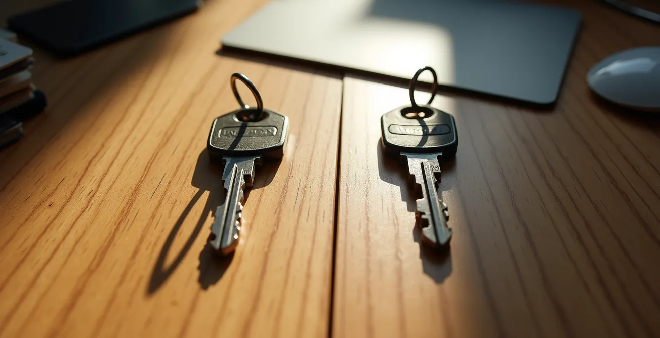 Visual metaphor showing knowledge distribution across team members with two sets of keys