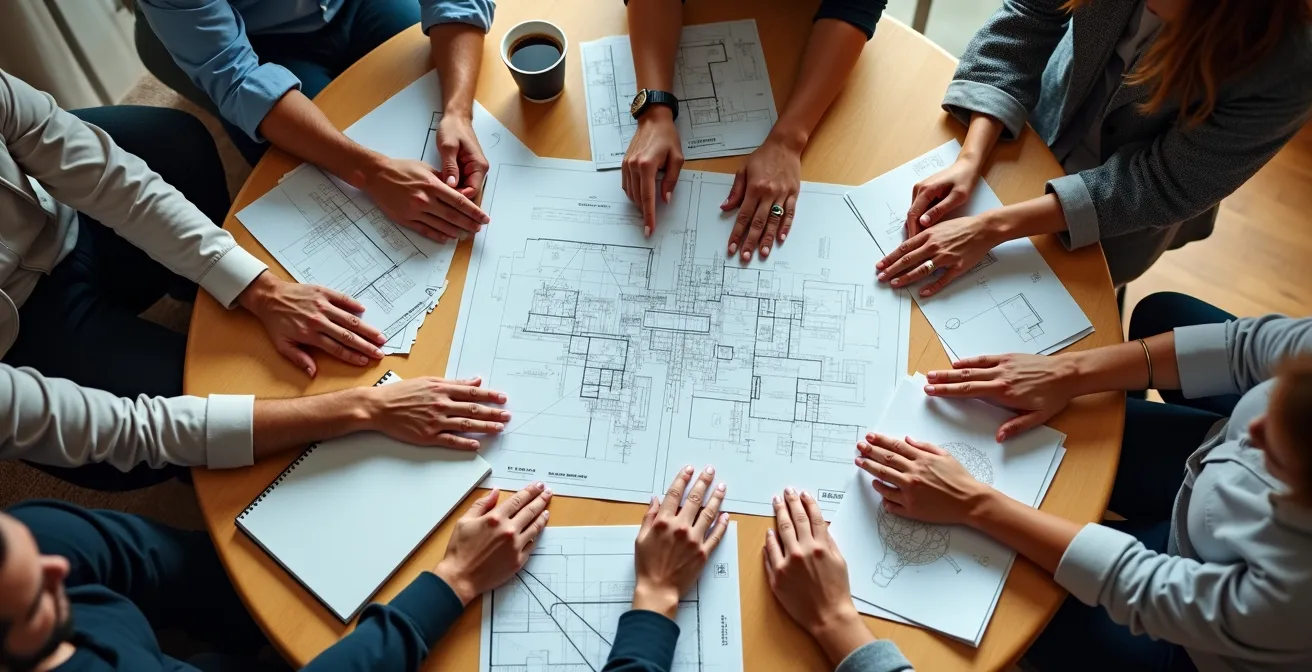 Overhead view of entrepreneurs around circular table with architectural blueprints and growth charts, hands pointing to different paths on strategic roadmap