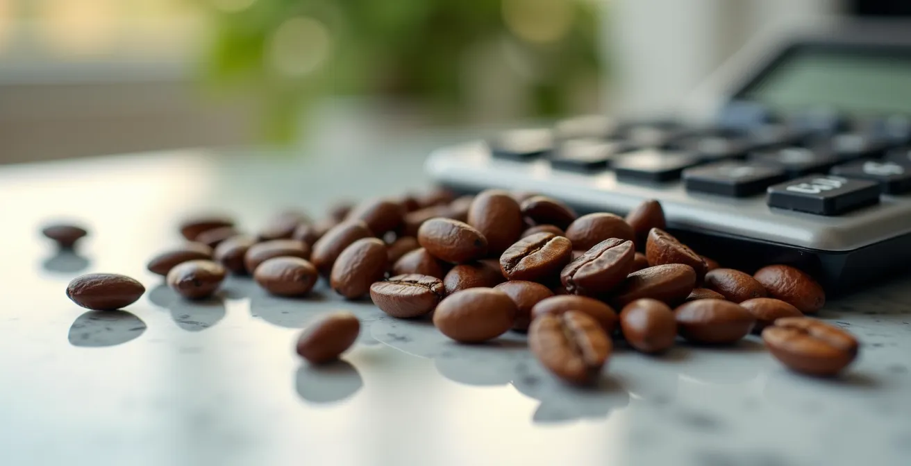 Close-up of coffee beans arranged next to a calculator showing positive numbers, symbolizing ROI calculation for barista education
