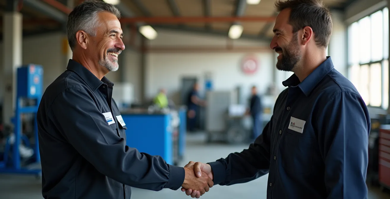 Professional technician in specialized uniform reviewing certification documents with employer
