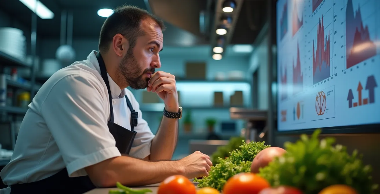Restaurant chef examining fresh ingredients while reviewing data patterns on mounted display in modern kitchen