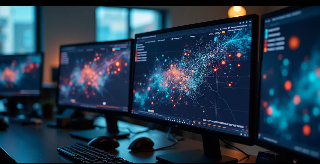 Professional analyzing citation data patterns on multiple monitors