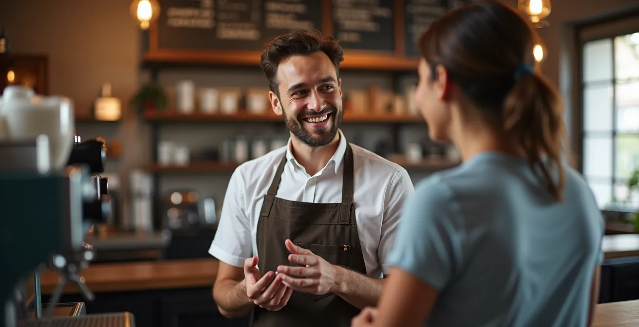 Professional barista providing personalized coffee consultation to engaged customer in upscale cafe environment