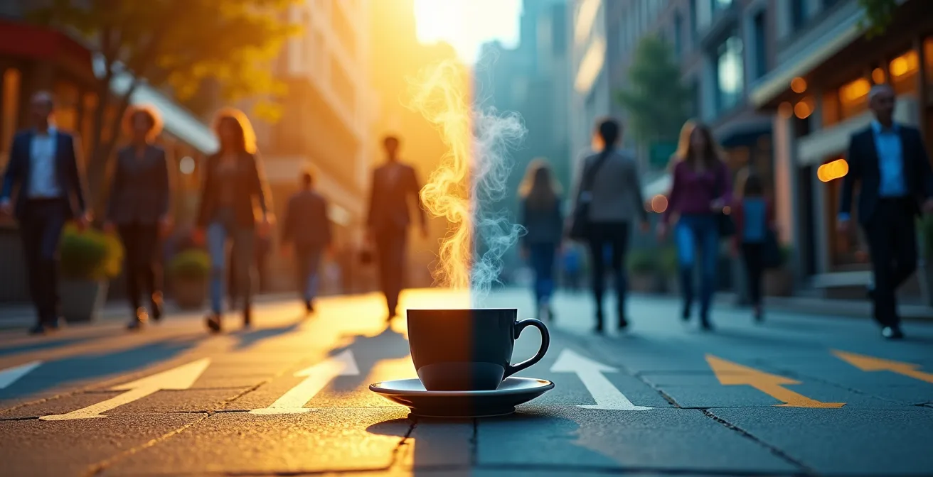 Split view of coffee shop location showing morning commute versus evening traffic patterns