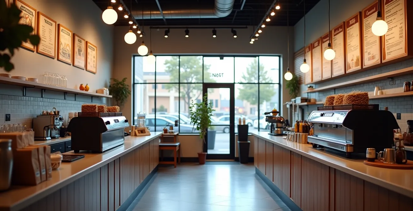 Split scene showing franchise coffee shop efficiency versus independent coffee shop creativity