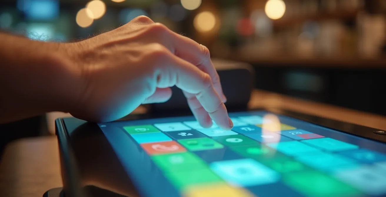 Close-up view of hands interacting with color-coded POS terminal layout