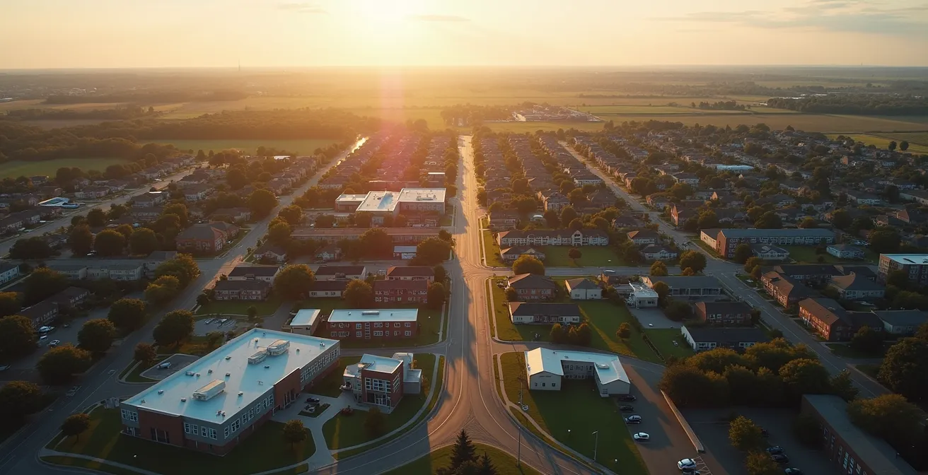 Aerial view of suburban neighborhood transitioning from young families to retirement community