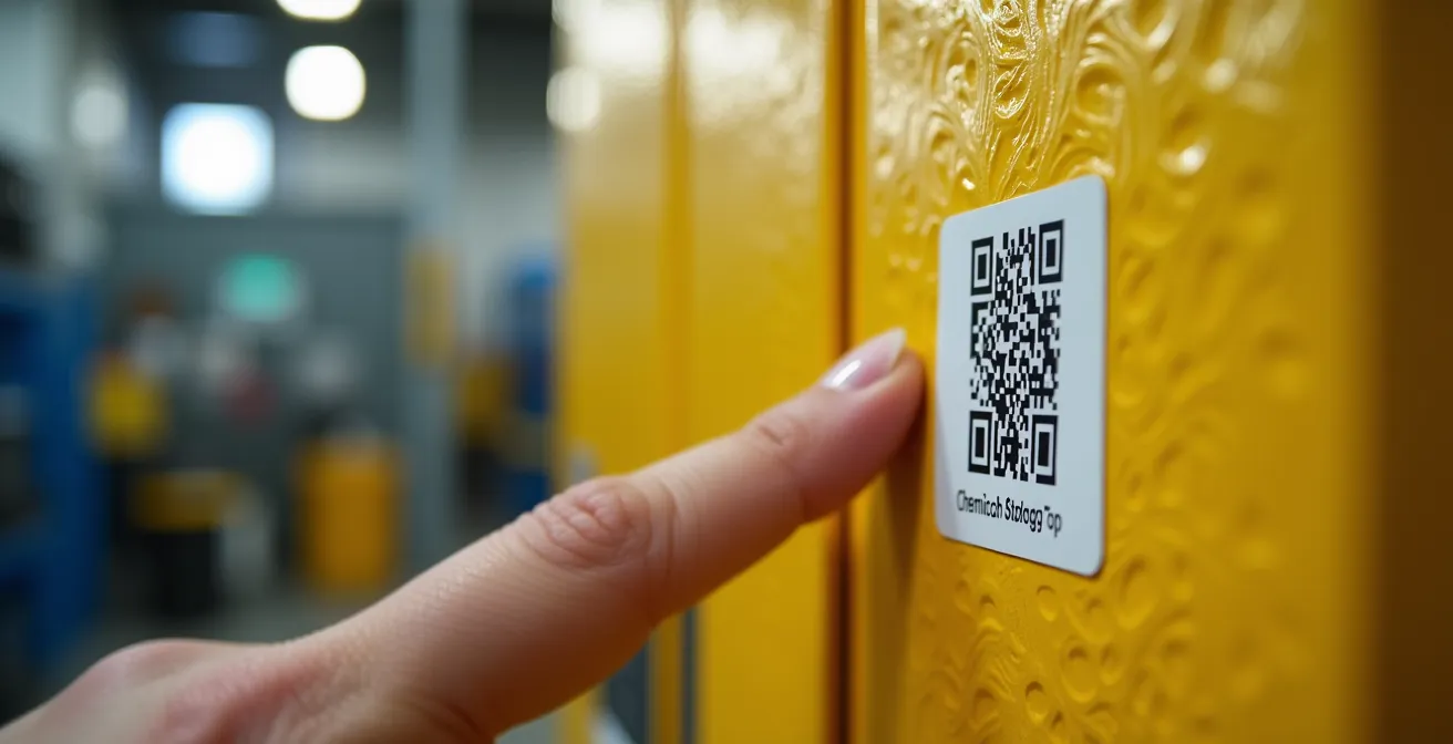 Modern workplace with QR codes and digital tablets replacing traditional paper binders