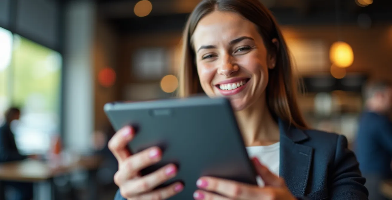 Modern tablet displaying compliance metrics in franchise manager's hands