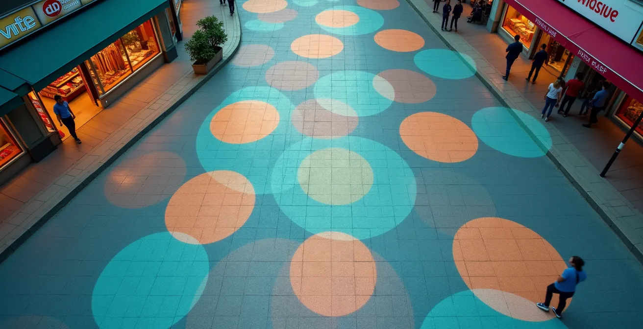 Aerial view of a shopping district with virtual boundaries highlighted around various stores, showing geofencing zones.