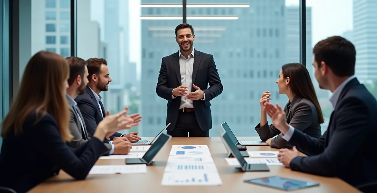 District manager conducting strategic meeting with unit managers around conference table