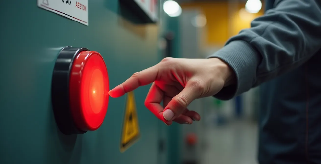 Close-up of employee hand reaching for red quality control button in manufacturing environment