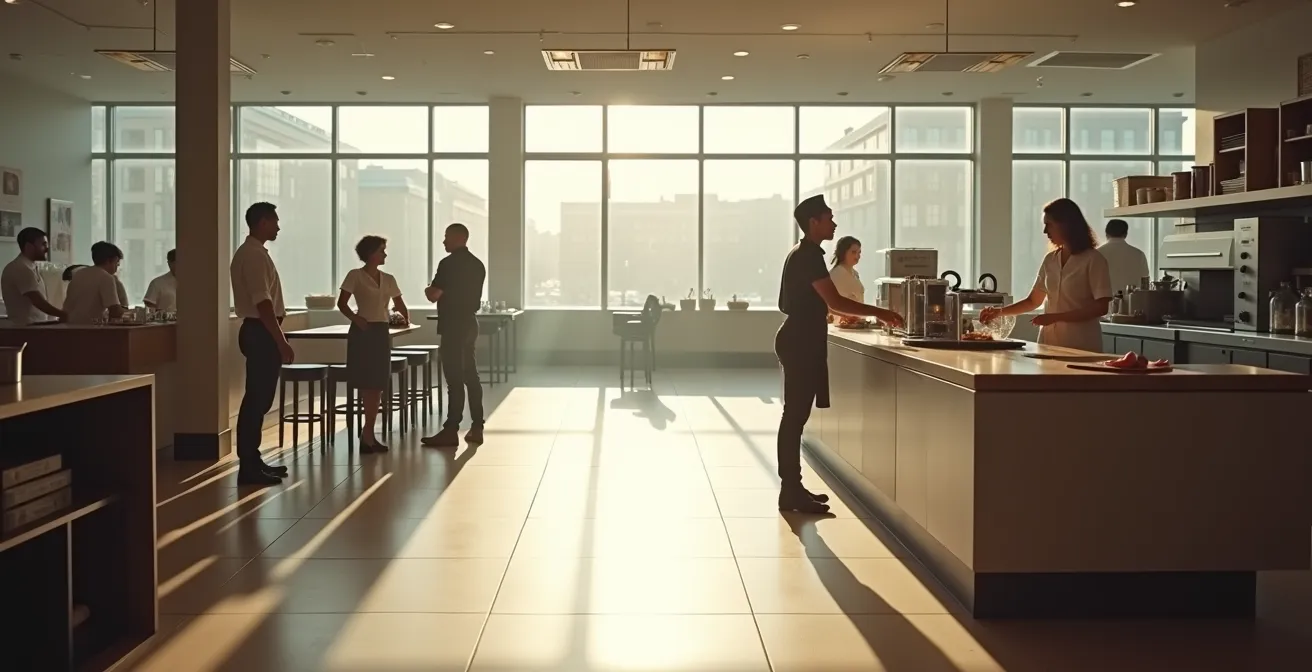 Team members engaged in collaborative training during slow business hours in a brightly lit space