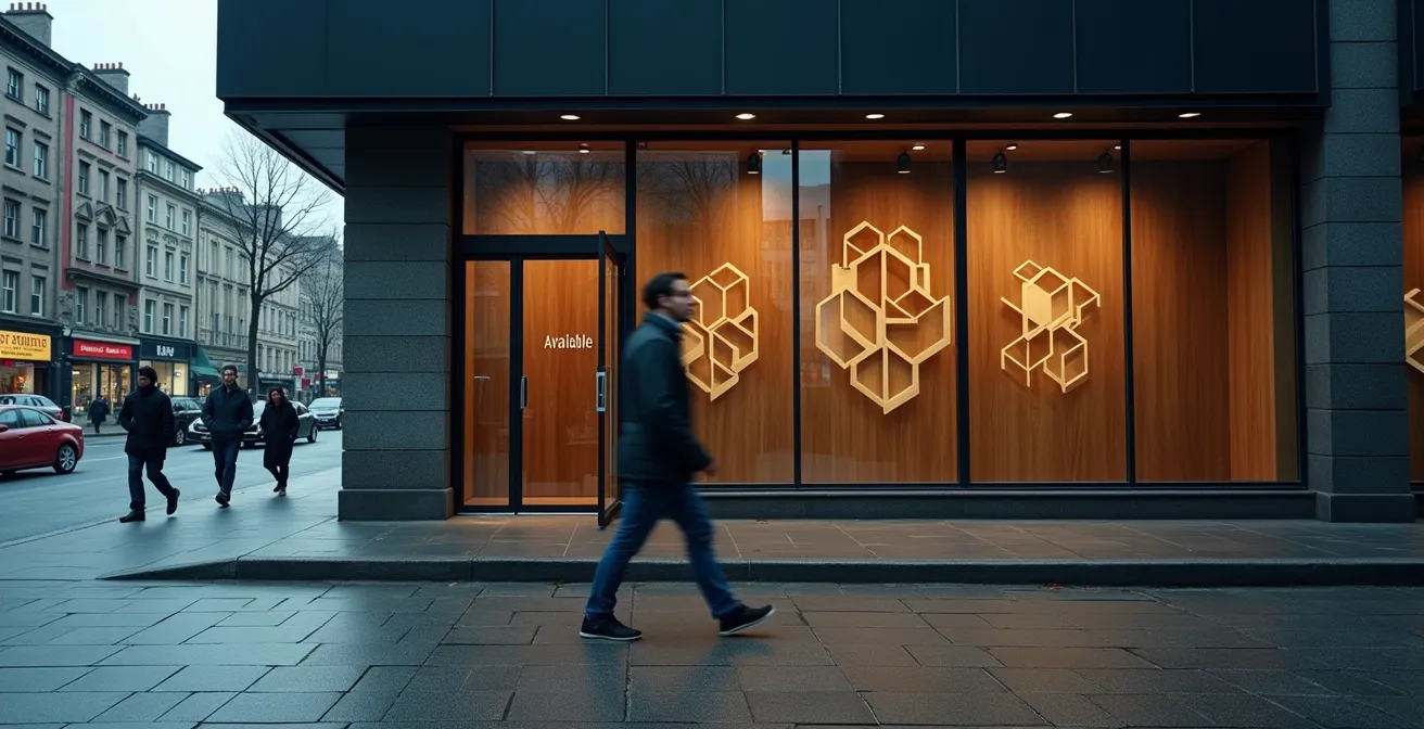 Vacant retail space with 'For Lease' reflection in window surrounded by multiple competing businesses