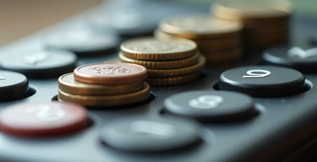Macro close-up of calculator buttons and coins representing financial planning