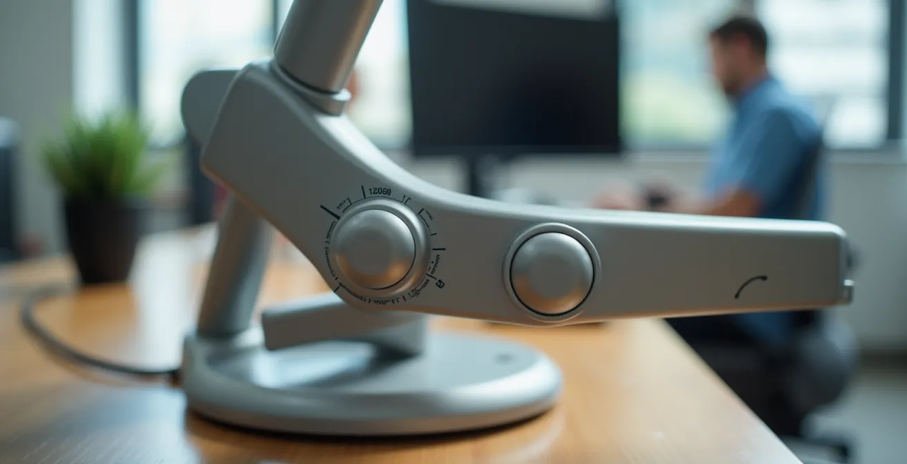 Close-up macro view of adjustable desk mechanism and ergonomic chair controls showing proper positioning