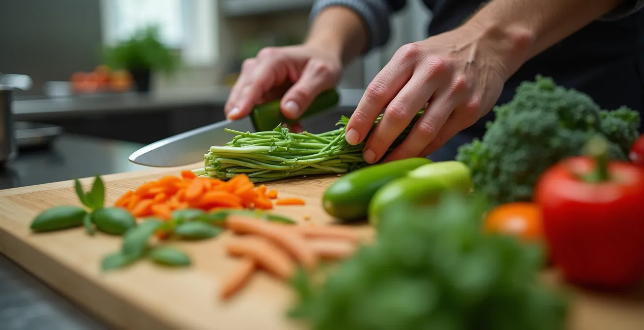 First-person view of hands performing a kitchen preparation task with ingredients arranged