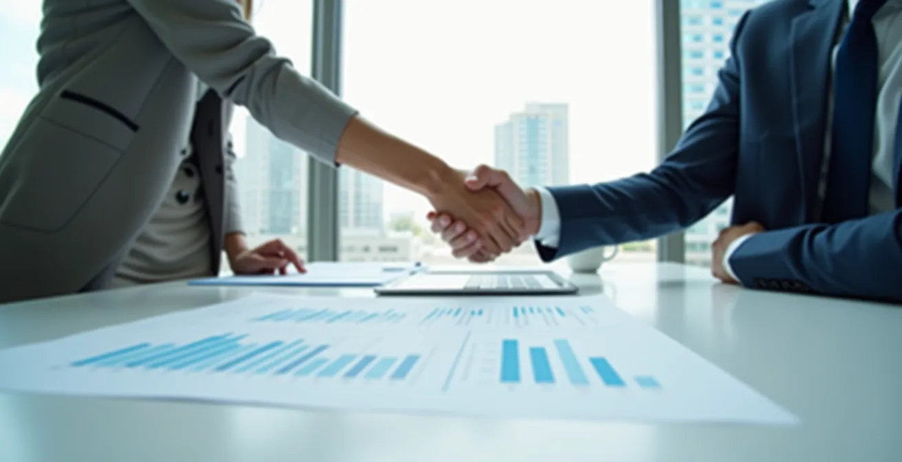 Business professionals shaking hands over franchise valuation documents