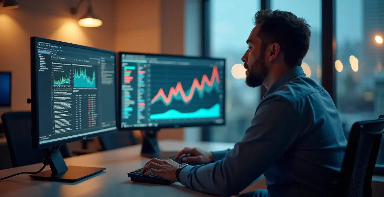 Modern office showing cloud-based franchise management system on multiple screens