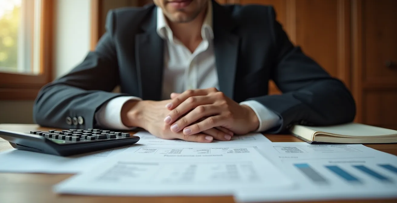 Business owner comparing financial documents at desk with calculator