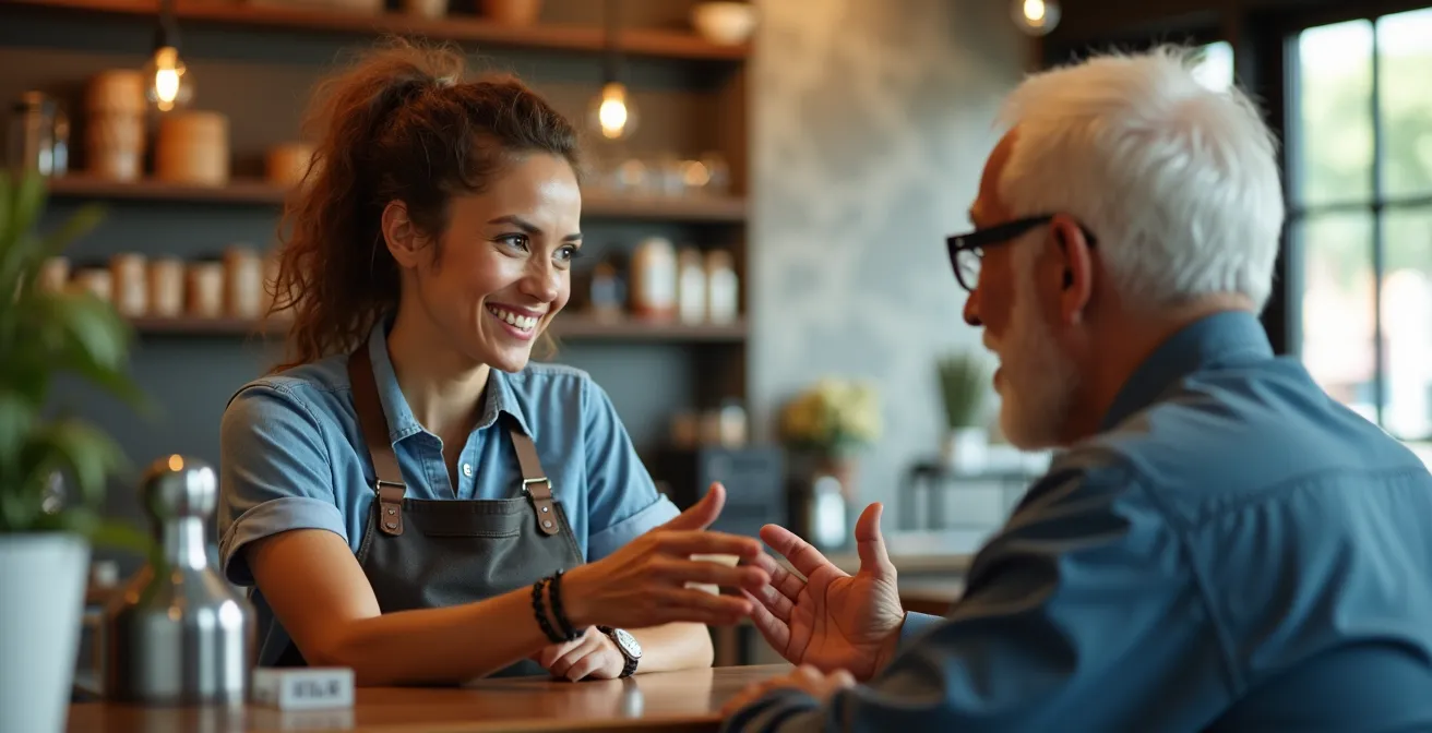 Close-up of franchise employee warmly greeting local customer with authentic neighborhood ambiance