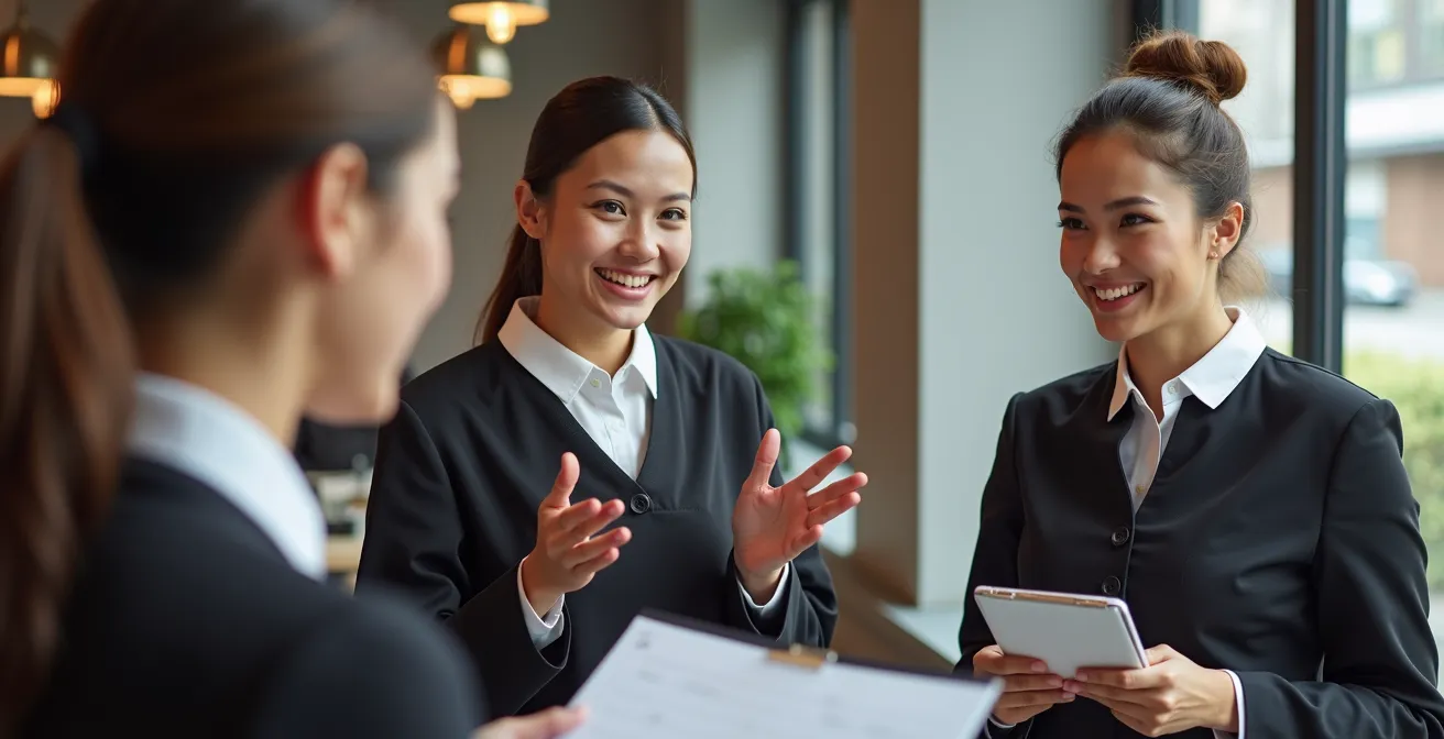 Franchise employees engaged in customer service role-play training with observer taking notes