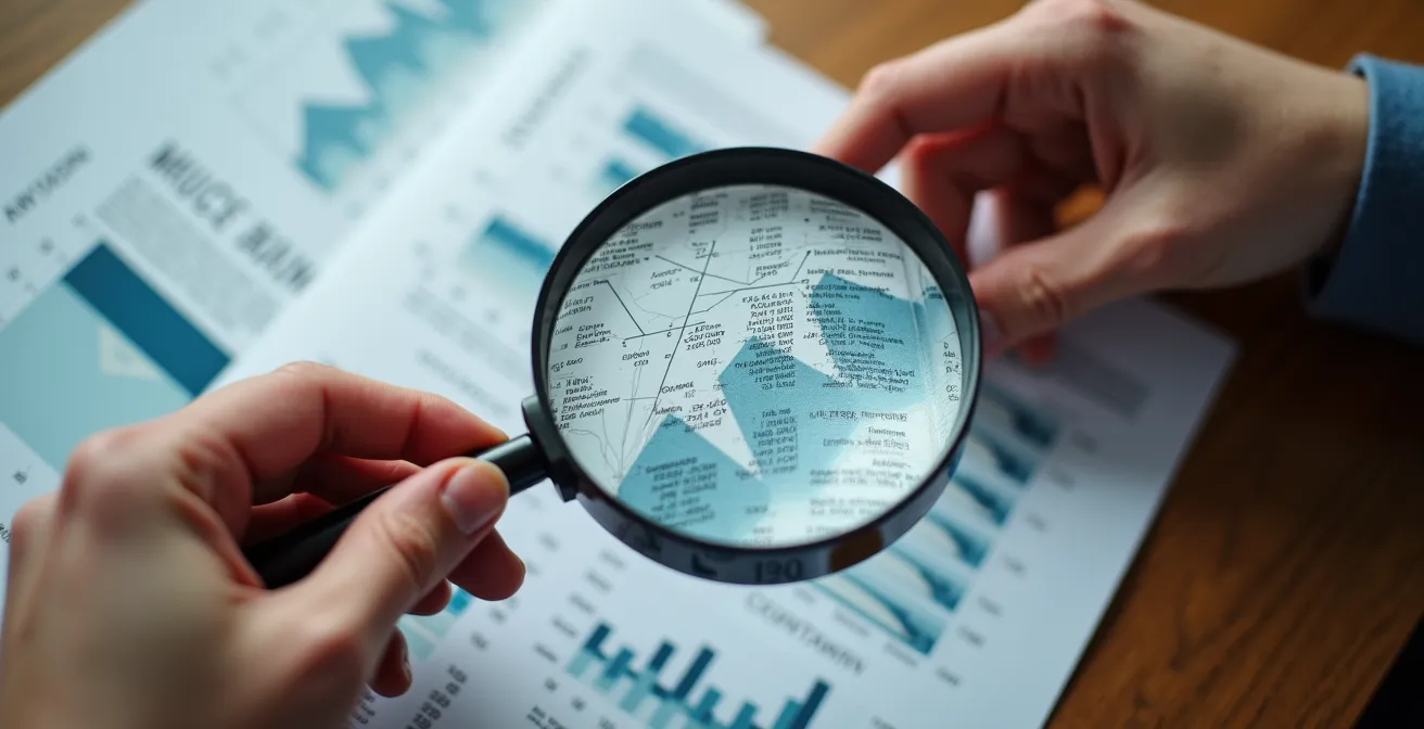 Professional examining financial documents with magnifying glass