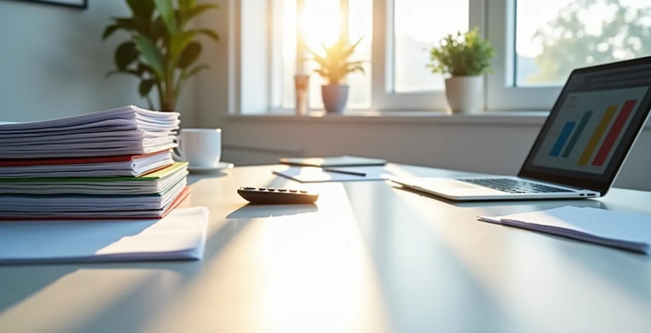 Organized workspace showing franchise loan application preparation with documents and laptop