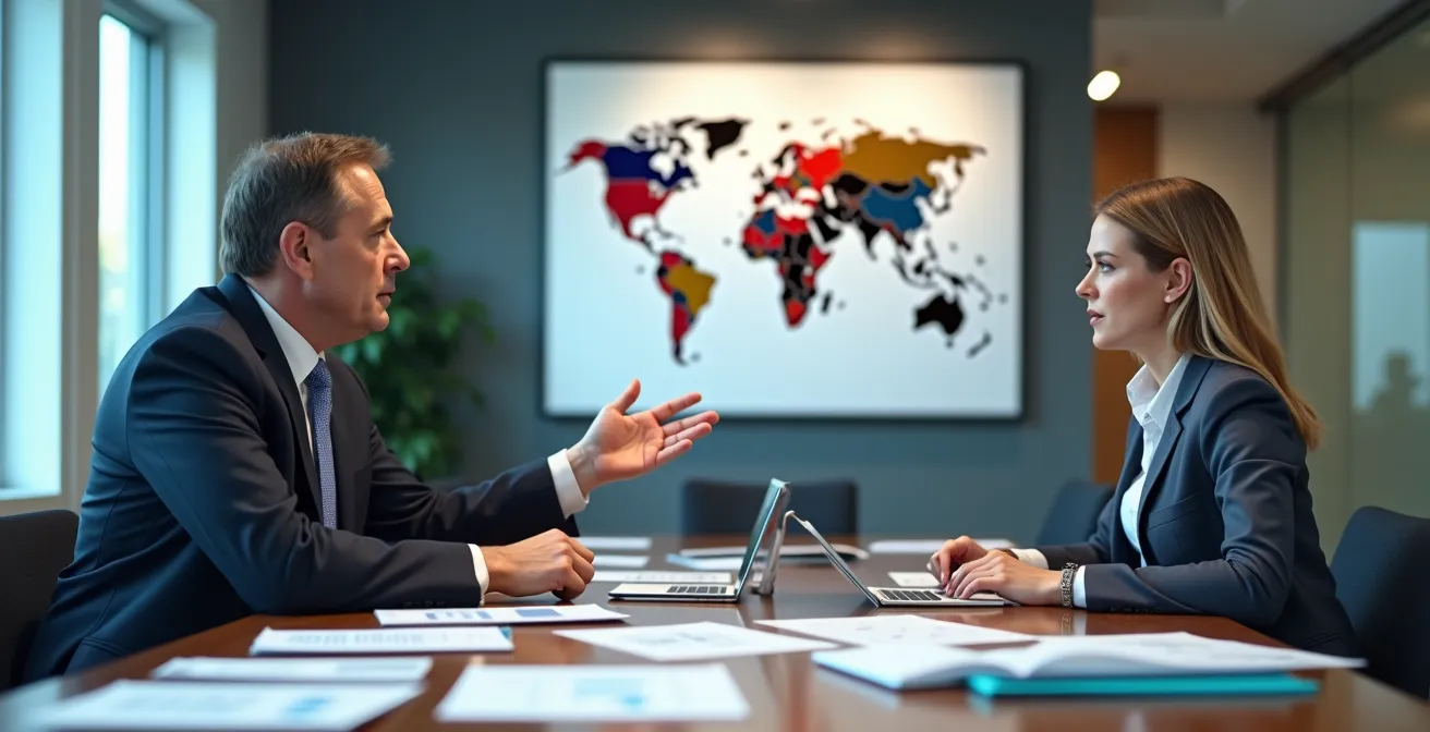 Business executives in conference room negotiating franchise territory agreements with maps and documents