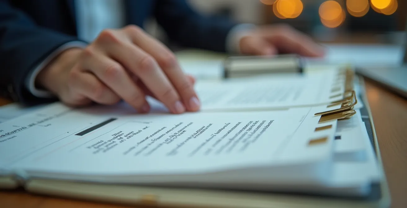 Franchise owner organizing compliance documents in office