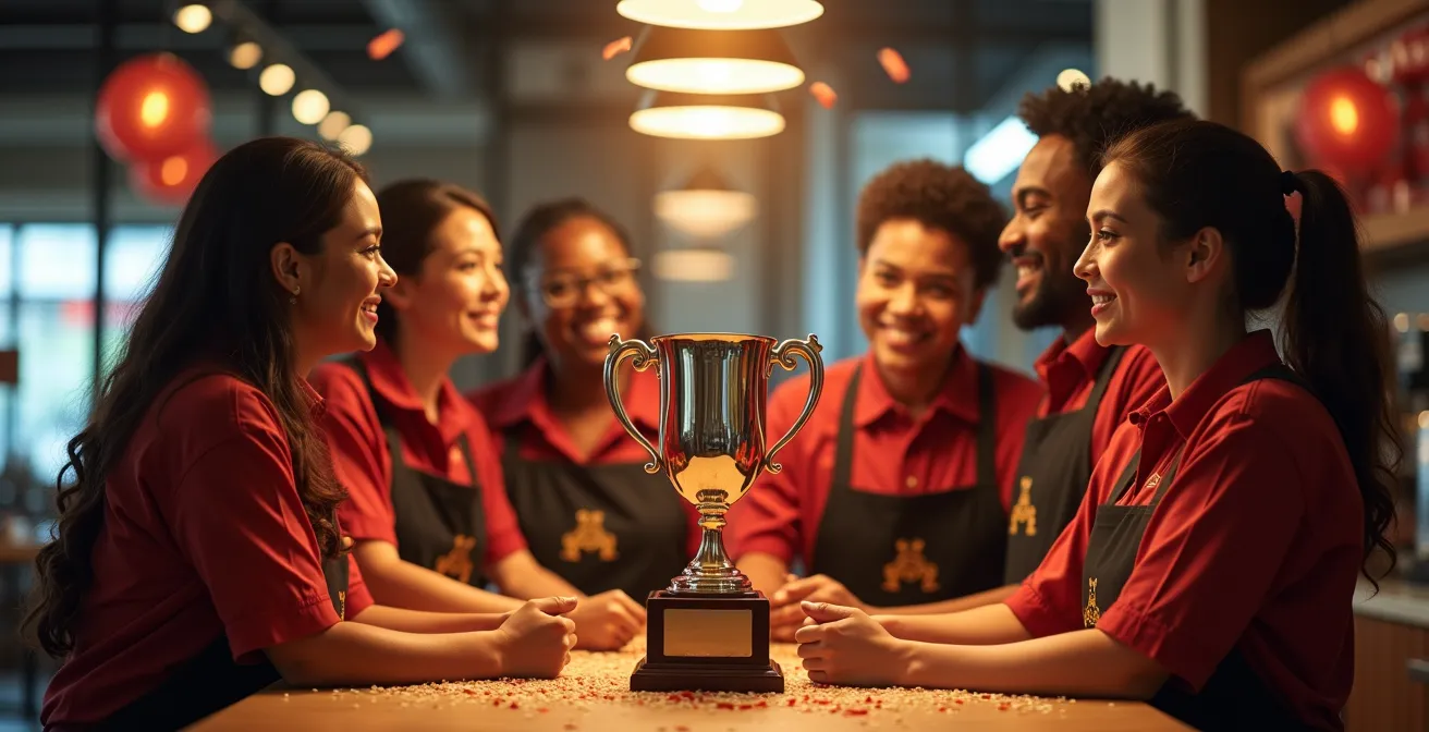 Diverse franchise team celebrating success with trophy in restaurant setting