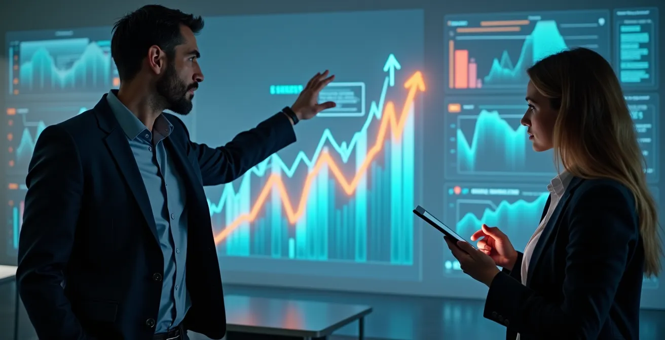 Business professionals analyzing training metrics on wall-mounted displays showing performance improvements