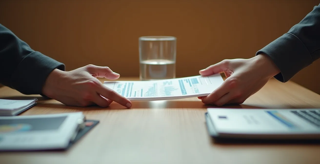 Close-up of hands exchanging documents in a supportive business consultation