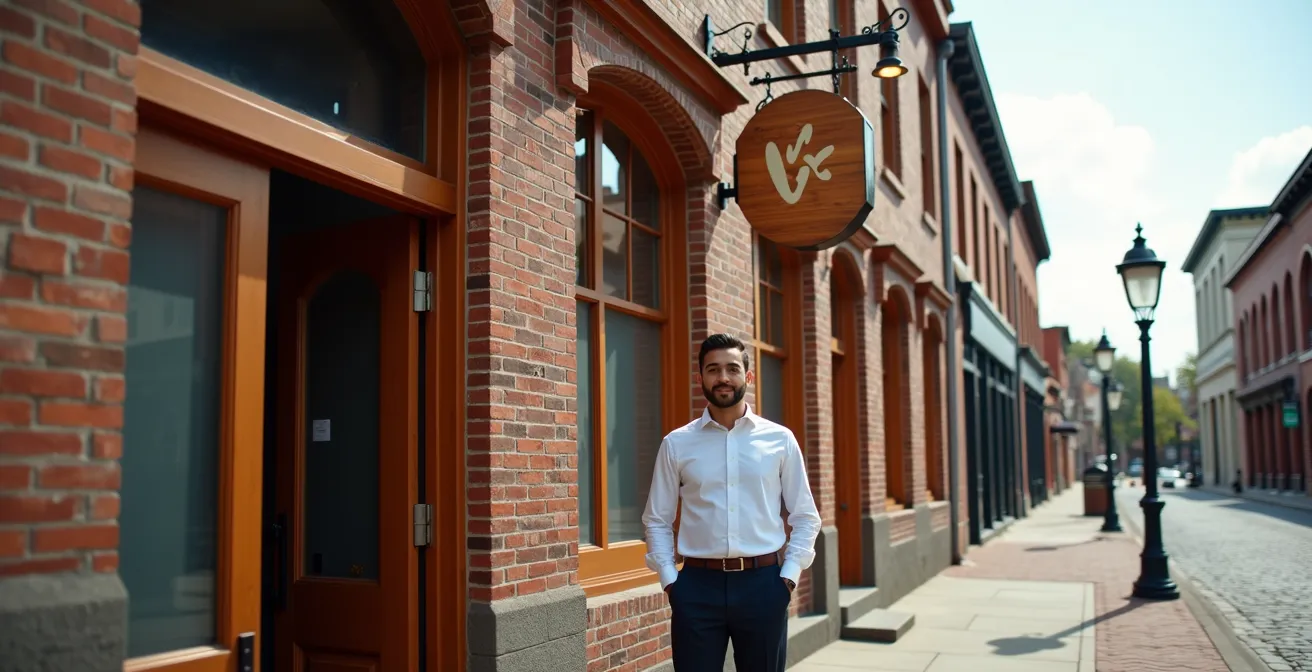 Wide shot of franchise location adapted to historic district architecture requirements
