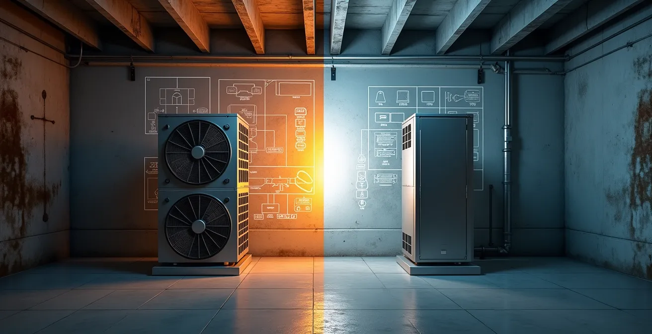 Modern HVAC system installation in a commercial building with contractors and building managers reviewing plans