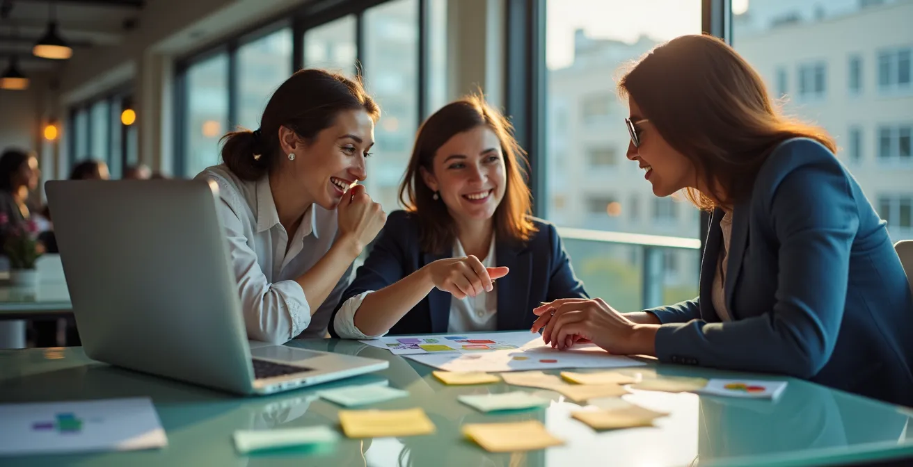 Team members collaborating around a digital knowledge management system