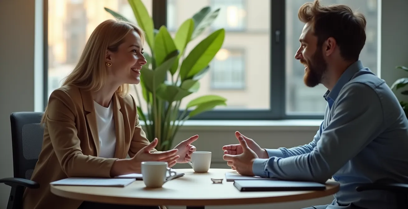 Manager having a supportive one-on-one feedback conversation with an employee in a quiet corner.