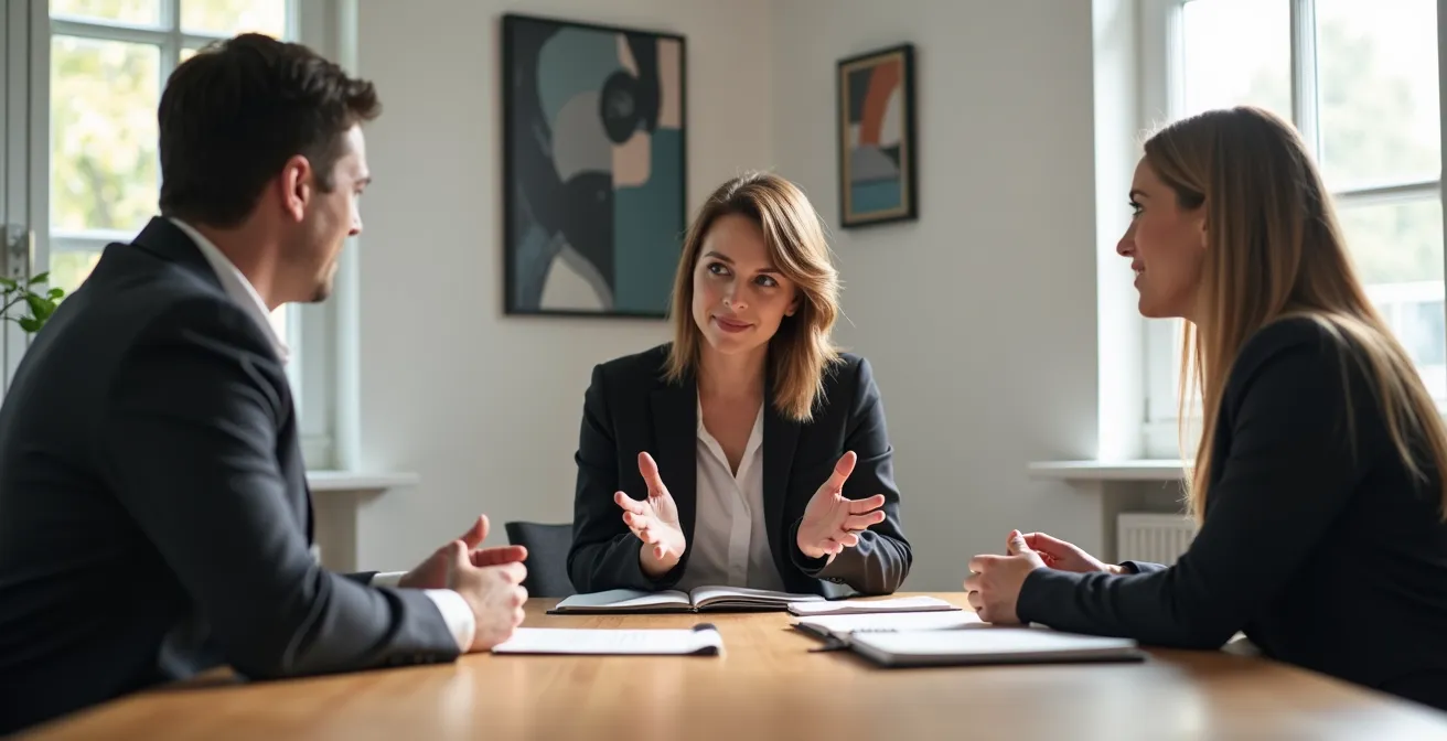 Professional mediator facilitating discussion between team members in neutral meeting space
