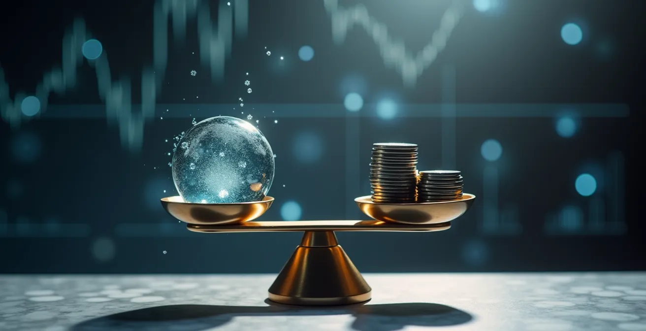 Visual metaphor of measuring intangible brand awareness versus tangible sales results