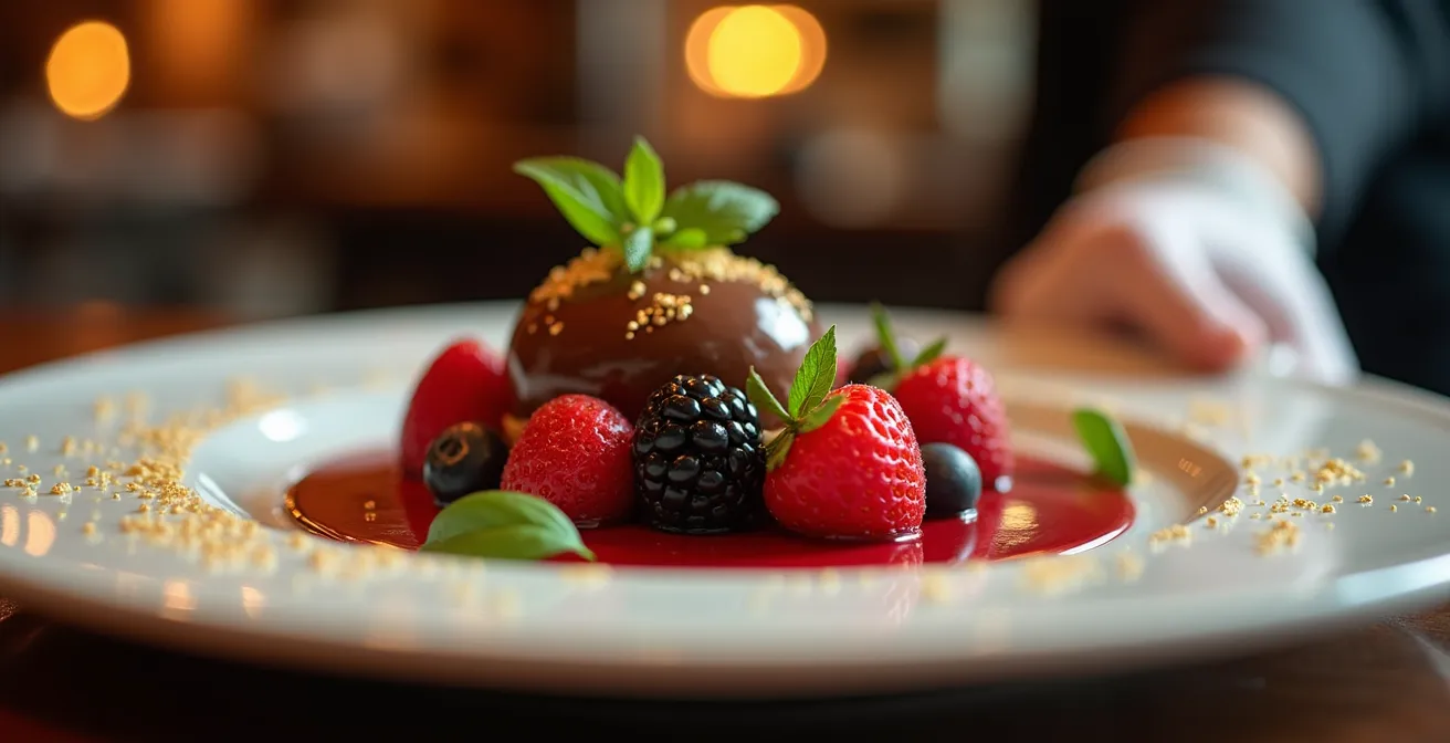 Restaurant server presenting unexpected complimentary dessert to delighted customers