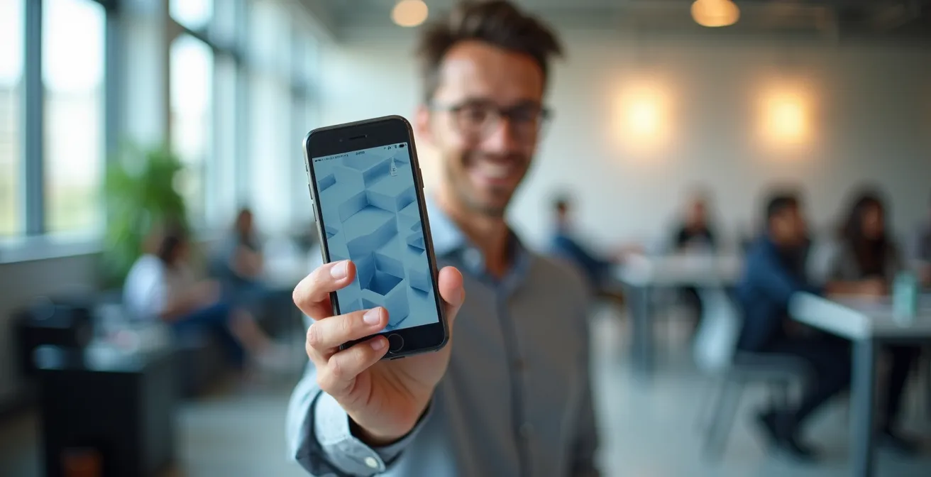 Hand holding a smartphone showing a mobile learning interface in a workplace environment