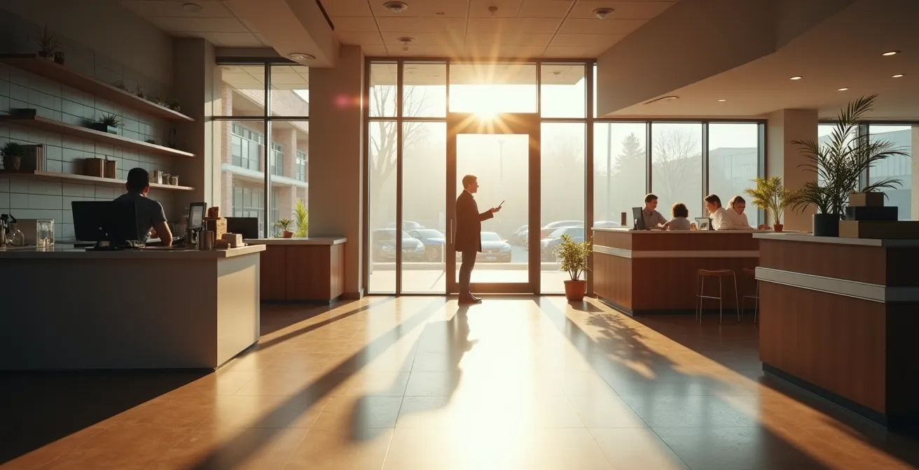 New franchise owner welcoming their very first customer with visible emotion and pride