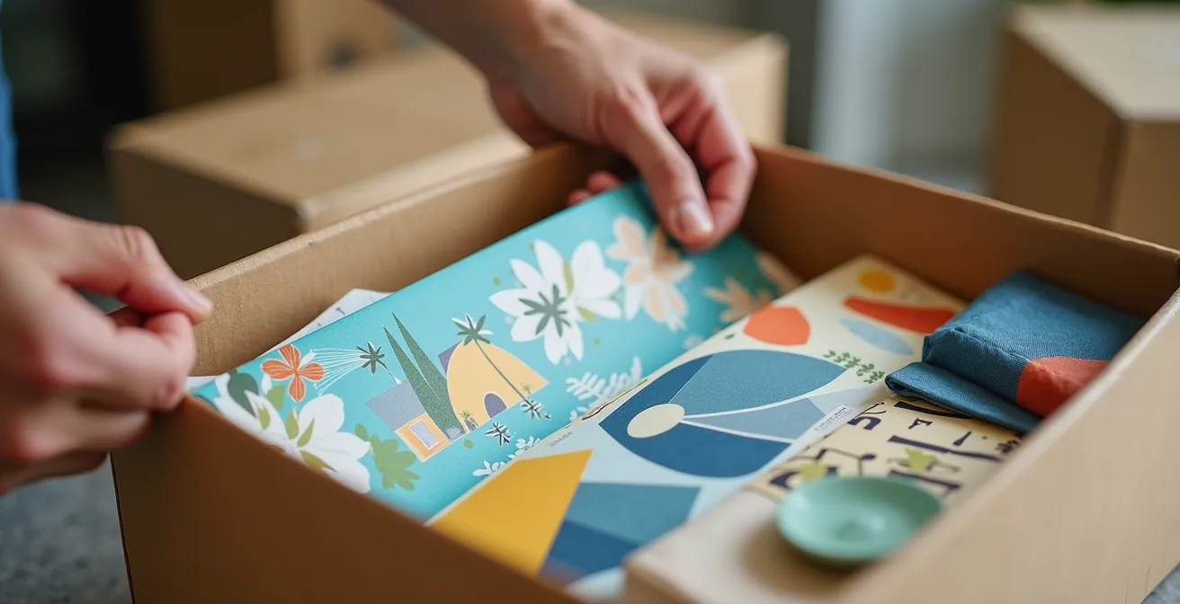 Hands unpacking a colorful welcome box filled with local guides, maps, and small gifts.
