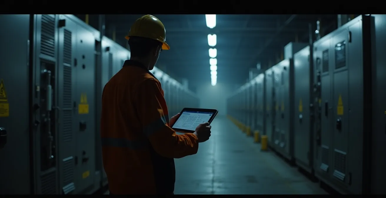 Wide angle view of industrial facility at night with maintenance worker photographing equipment