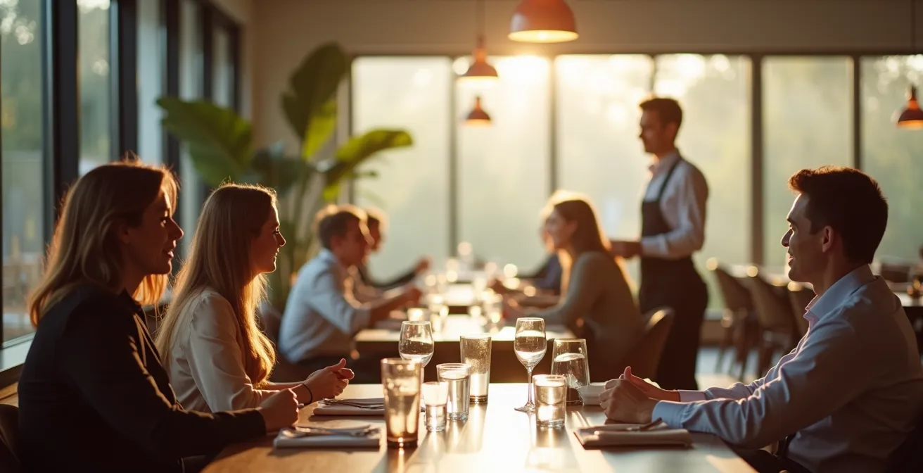 Server making subtle eye contact with dining guests from an appropriate distance in a minimalist restaurant