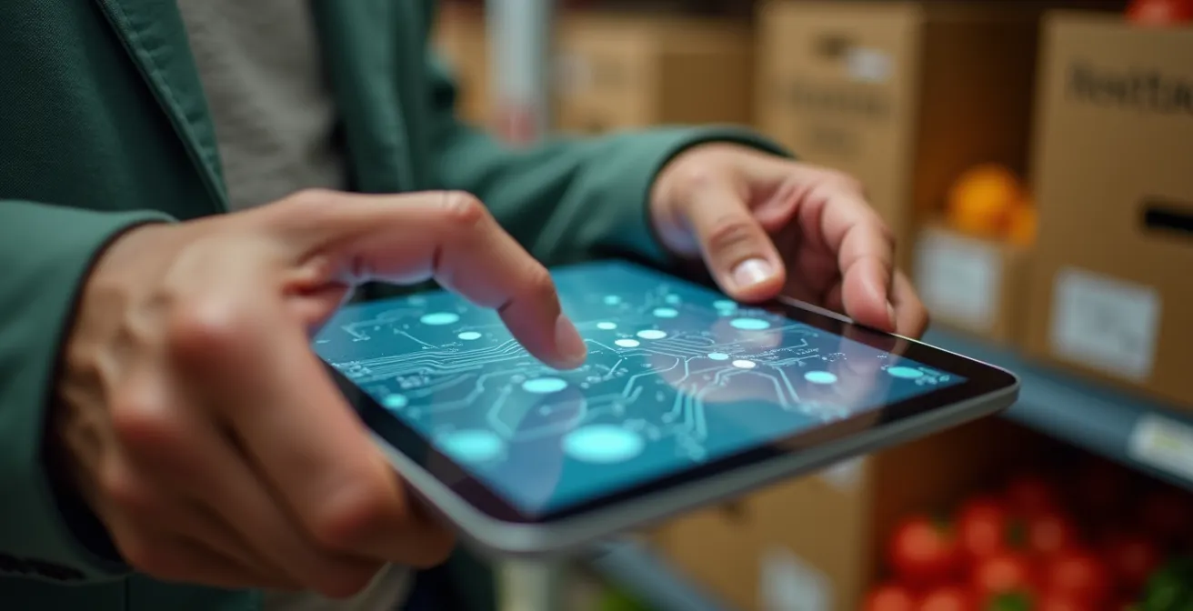 Close-up of restaurant manager's hands using tablet with abstract workflow patterns while supply boxes arrive in background